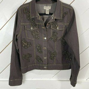 Victor Costa Jean Jacket Beaded Denim Brown Size M